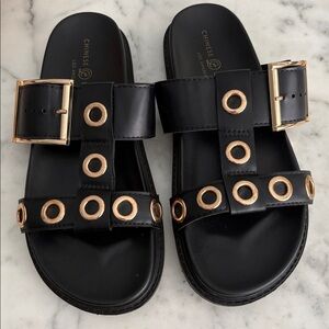 Chinese Laundry Black and Gold Sandals